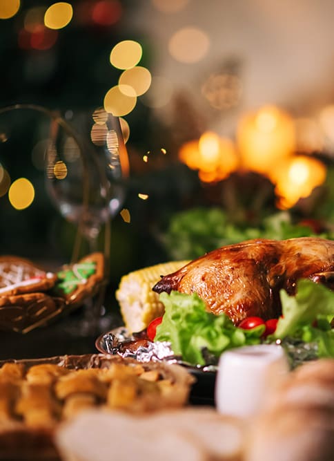 A Christmas turkey dinner in a festive setting